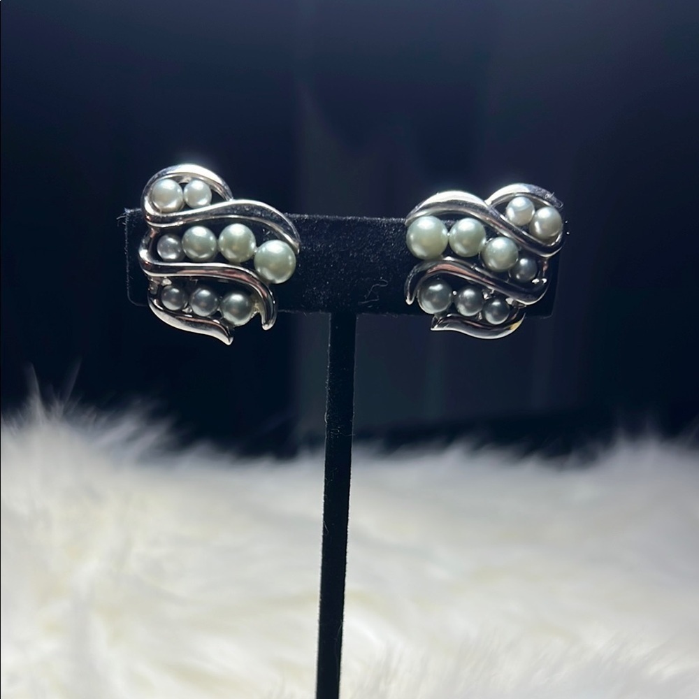 Trifari Silver and Pearl Clip-On Earrings
